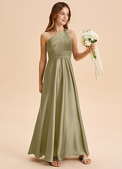 Azazie Charlize Junior Abito A-Line in Raso Elasticizzato Plissettato Verde Muschio image3