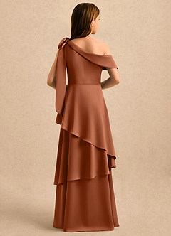 Azazie Shyloh Girls Formal Robe Demoiselle D'honneur Fillette Robe Trapèze en Satin extensible Épaule décolletée Cuivre image2