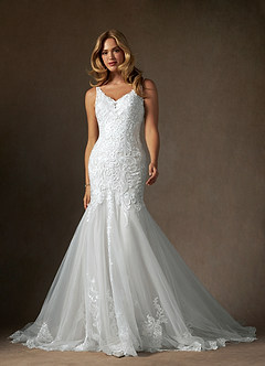 Azazie Diva Wedding Dresses Diamond White Mermaid V-Neck Sequins Tulle Dress image3