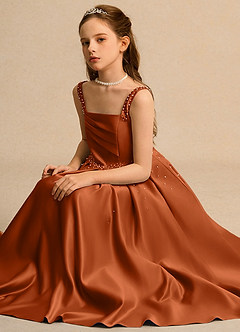 Azazie Mochi Girls Formal Flower Girl Dresses Burnt Orange Ball-Gown Pleated Matte Satin Dress image3