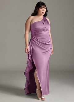 Azazie Latrice Bridesmaid Dresses Wisteria Sheath One Shoulder Cascading Ruffles Stretch Satin Dress image9