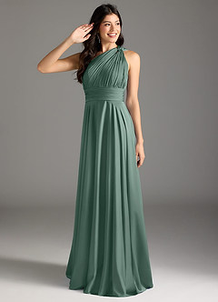 Azazie Charlize Bridesmaid Dresses Eucalyptus A-Line One Shoulder Stretch Satin Dress image1