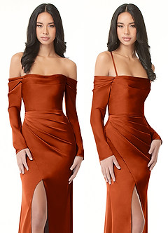 Azazie Hallie Bridesmaid Dresses Paprika Sheath Off-The-Shoulder Long Sleeve Stretch Satin Convertible Dress image9