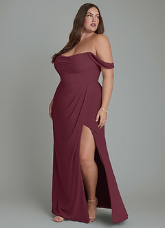 Azazie Johana Vestidos de damas de honor Vestido Cabernet de Gasa de Corte Sirena Convertible con Hombros descubiertos image12