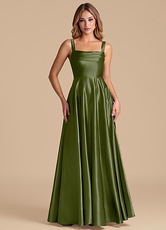 Azazie Shaude Bridesmaid Dresses Olive A-Line Pleated Metallic Satin Dress image5