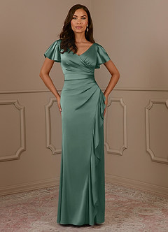 Azazie Roya Mother of the Bride Dresses Eucalyptus Mermaid V-Neck Pleated Stretch Satin Dress image2