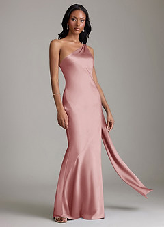 Azazie Galinda Probar vestidos en casa Vestido de Rosa Polvorienta de Satén Elástico de Corte Sirena con Hombro unilateral image5