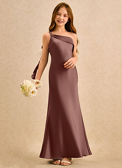 Azazie Almond Girls Formal Robe Demoiselle D'honneur Fillette Robe Fourreau en Satin extensible Une épaule Expresso image2