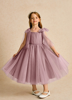 Azazie Dori Robe Demoiselle D'honneur Fillette Robe Trapèze en Tulle Rayé Rose Poussiéreuse image6
