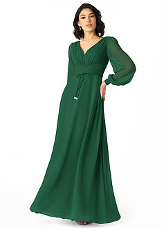 Azazie Sage Schlussverkauf A-Linie Langarm Chiffon Kleid Dunkelgrün image3