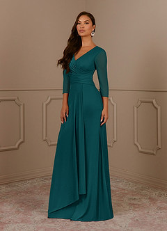 Azazie Annetta Mother of the Bride Dresses Peacock A-Line V-Neck Pleated Mesh Dress image2