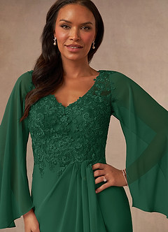 Azazie Perry Mère de la mariée Robes Robe Sirène en Mousseline de soie Col V en dentelle Vert Foncé image6