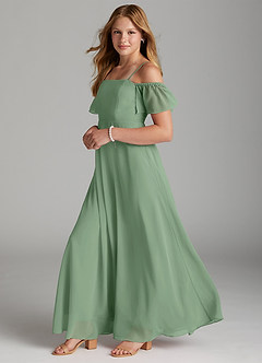 Azazie Sue Junior Jurk van Chiffon met A-Lijn Off the Shoulder Matcha image3
