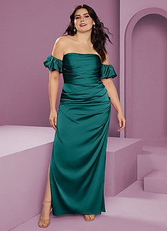 Barbie ♥ Azazie Robes de demoiselle d'honneur Robe Fourreau Convertible en Satin extensible Épaule décolletée Paon image10