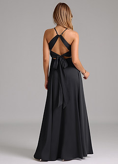 Azazie Evalleen Vestidos de damas de honor Vestido de Negro de Satén Elástico de Corte en A con Plisado image6