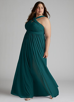 Azazie Hillian Bridesmaid Dresses Peacock A-Line Halter Pleated Mesh Dress image10