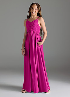Azazie Alia Junior Fuchsia A-Line Pleated Chiffon Dress image4