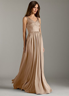 Azazie Keyla Bridesmaid Dresses Taupe A-Line Pleated Stretch Satin Dress image1