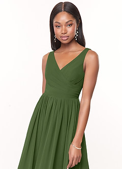 Azazie Keyla Bridesmaid Dresses Olive A-Line V-Neck Pleated Chiffon Dress image5
