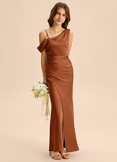 Azazie Madelyn Junior Osłona Zza ramienia Satyna elastyczna Długość podłogi Młodsza druhna Sukienka image4