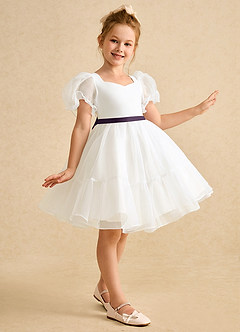 Azazie Debbie Flower Girl Dresses Ivory Plum Ball-Gown Sweetheart Neckline Organza Dress image4