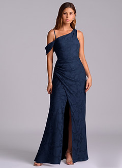 Azazie Madelyn At-home Try On Dresses Dark Navy Mermaid One Shoulder Floral Burnout Convertible Dress image6