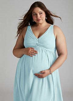 Azazie Yetta Maternity Bridesmaid Dresses A-Line V-Neck Gathered Chiffon Floor-Length Dress image8