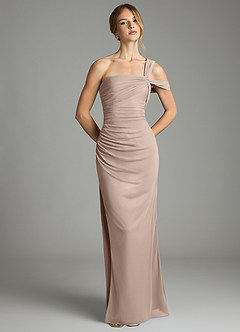 Azazie Tati Jurken voor bruidsmeisjes Jurk van Mesh met Kolom Off the Shoulder Taupe image2