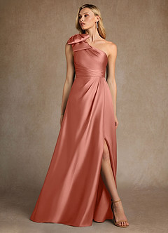 Azazie Easton vestidos de madre de la novia Vestido de Rosa Salmón de Satén Elástico de Corte en A con Hombro unilateral image4