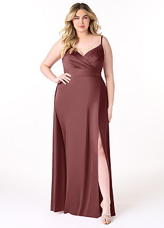 Azazie Dalilah Vestidos de damas de honor Vestido de Acai de Satén Elástico de Corte En A con Cuello en V plisado image6