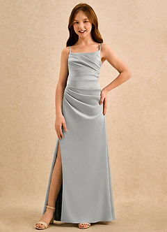 Azazie Cannoli Girls Formal Flower Girl Dresses Silver A-Line Pleated Stretch Satin Dress image3