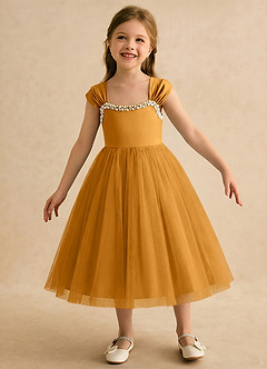 Azazie Yosemite Robe Demoiselle D'honneur Fillette Robe Princesse en Tulle Encolure en Forme de Cœur Caramel écossais image4