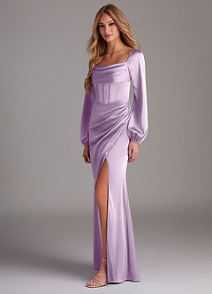 Azazie Charissa Bridesmaid Dresses Frosted Lilac Sheath Long Sleeve Stretch Satin Dress image5