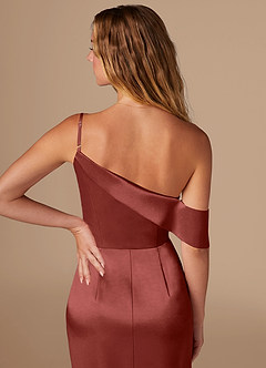Azazie Lia Bridesmaid Dresses Terracotta Sheath Off the Shoulder Metallic Satin Dress image2