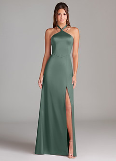 Azazie Elliana Bridesmaid Dresses Sea Moss A-Line Side Slit Stretch Satin Dress image5