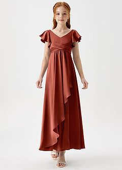 Azazie Omari Junior Terracotta A-Line Pleated Stretch Satin Dress image5
