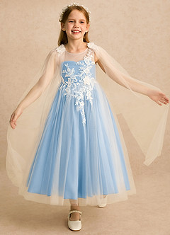 Azazie Amina Flower Girl Dresses Ivory Powder Blue A-Line Lace Tulle Dress image1