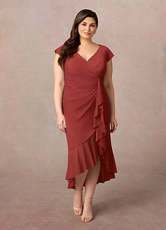 Azazie Renetta Mother of the Bride Dresses Rust Sheath V-Neck Pleated Mesh Dress image8