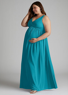 Azazie Yetta Maternity Bridesmaid Dresses A-Line V-Neck Gathered Chiffon Floor-Length Dress image10