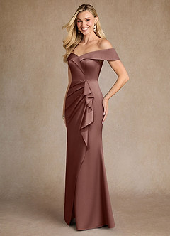 Azazie Laredo Mother of the Bride Dresses Espresso Mermaid Off the Shoulder Stretch Satin Dress image2