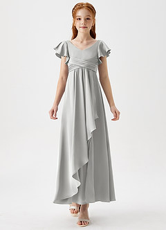 Azazie Omari Junior Silver A-Line Pleated Stretch Satin Dress image5