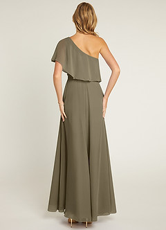 Azazie Lizzy Vestidos de damas de honor Vestido de Verde Sauce de Gasa de Corte en A con Hombro unilateral image2