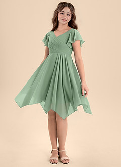 Azazie Janeaurelia Junior Matcha A-Line Pleated Chiffon Dress image4