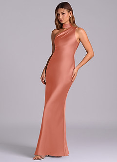 Azazie Seona Vestidos de madrinha de casamento Vestido Rosa Salmão de Cetim elástico de sereia com Ombro Único image2