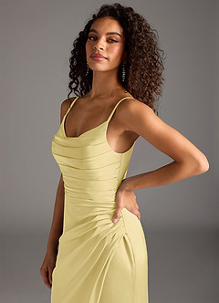 Azazie Deandra Robes de demoiselle d'honneur Robe Sirène en Satin extensible Plissée Sorbet Citron image3