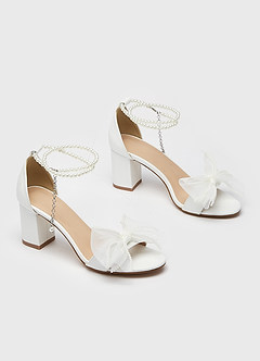 front Pearl Ankle Strap and Bow Block Heel Sandals