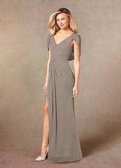 Azazie Luisa Mother of the Bride Dresses Taupe Mermaid V-Neck Pleated Mesh Dress image3