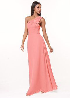 Azazie Ashley Bridesmaid Dresses Coral A-Line Ruched Chiffon Dress image4