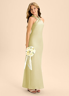 Azazie Doretta Junior Lemon Sorbet A-Line Pleated Stretch Satin Dress image7