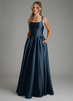 Azazie Nevaeh Bridesmaid Dresses Dark Navy A-Line Corset Stretch Satin Dress image1